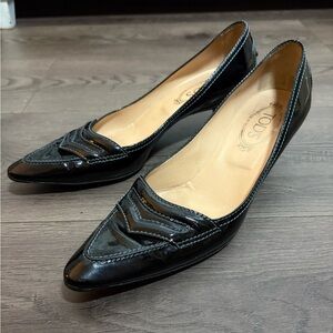 Tod's Fifty Century Black Patent Leather Kitten Heel Shoes Quiet Luxury Classic